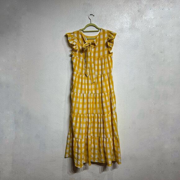 English Factory Yellow Textured Gingham Tiered Baby Doll Maxi Dress Sz M - Picture 9 of 12
